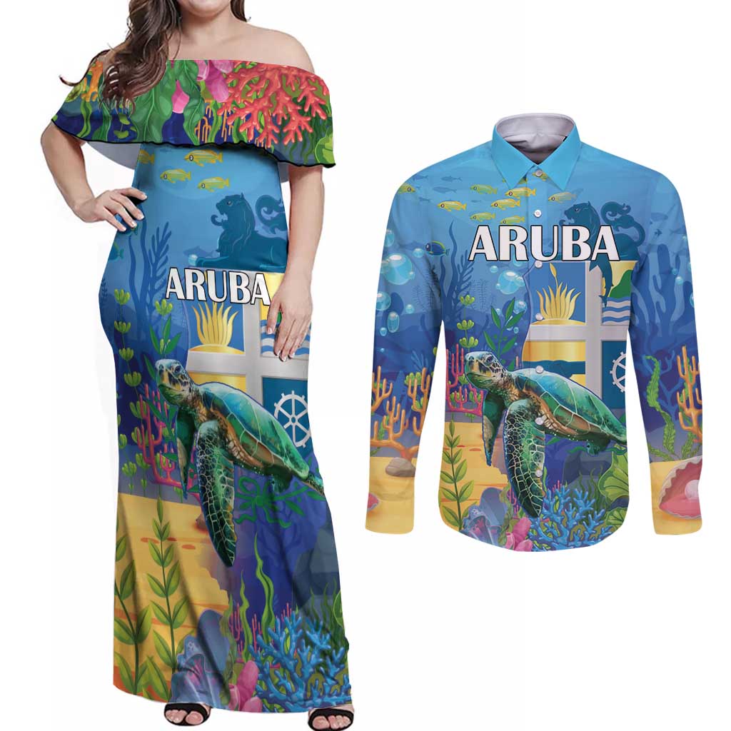 Aruba Sea Turtle Couples Matching Off Shoulder Maxi Dress and Long Sleeve Button Shirt Underwater Landscape - Wonder Print Shop