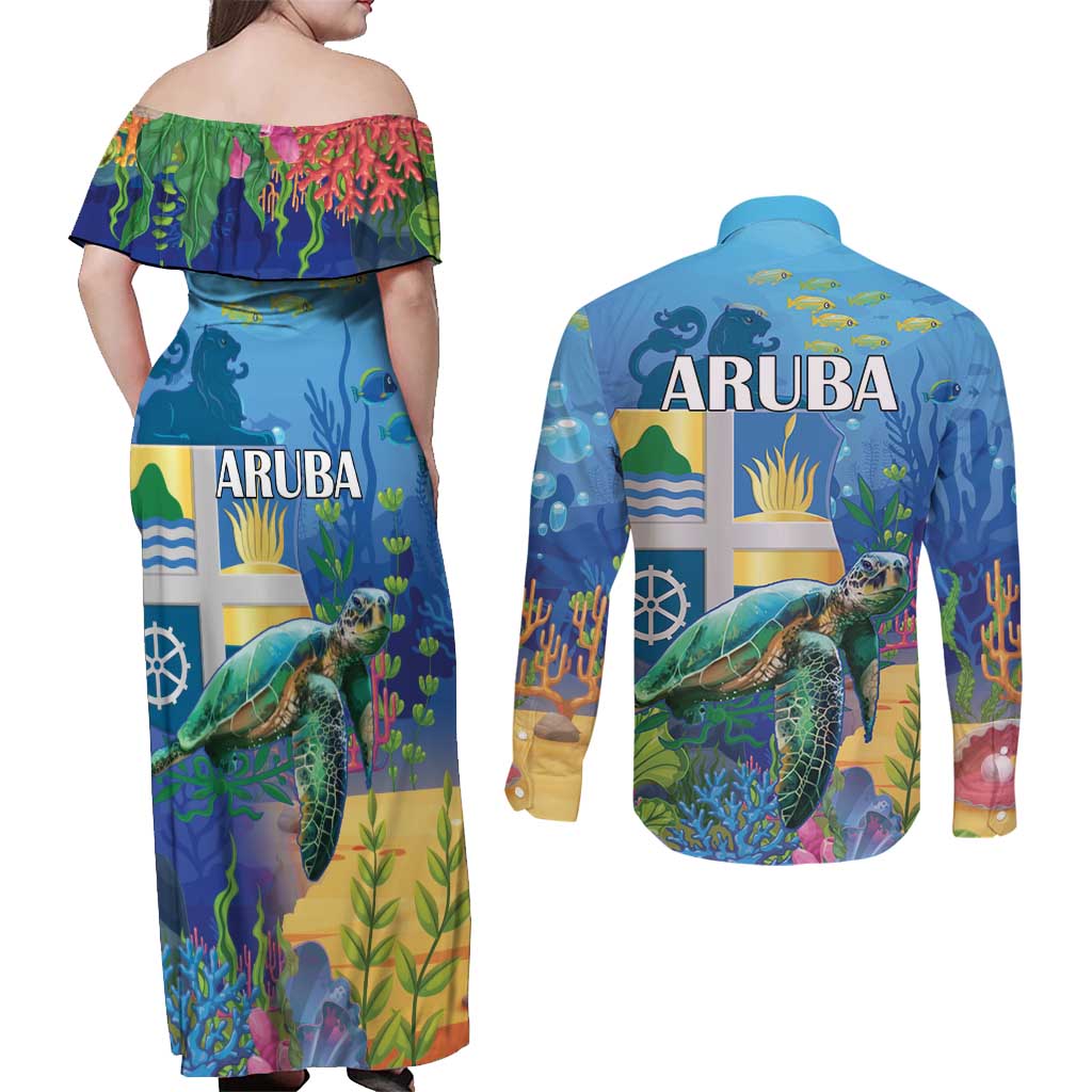Aruba Sea Turtle Couples Matching Off Shoulder Maxi Dress and Long Sleeve Button Shirt Underwater Landscape - Wonder Print Shop