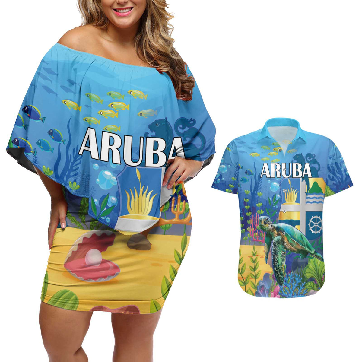 Aruba Sea Turtle Couples Matching Off Shoulder Short Dress and Hawaiian Shirt Underwater Landscape - Wonder Print Shop