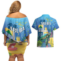 Aruba Sea Turtle Couples Matching Off Shoulder Short Dress and Hawaiian Shirt Underwater Landscape - Wonder Print Shop