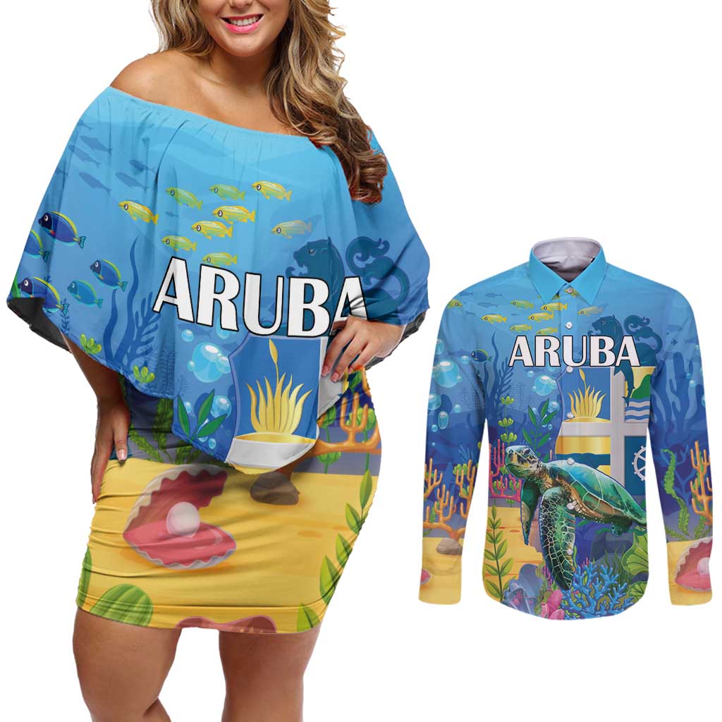Aruba Sea Turtle Couples Matching Off Shoulder Short Dress and Long Sleeve Button Shirt Underwater Landscape - Wonder Print Shop