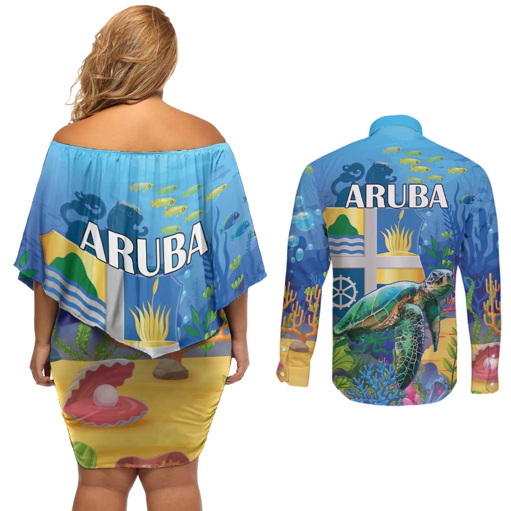 Aruba Sea Turtle Couples Matching Off Shoulder Short Dress and Long Sleeve Button Shirt Underwater Landscape - Wonder Print Shop