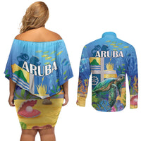 Aruba Sea Turtle Couples Matching Off Shoulder Short Dress and Long Sleeve Button Shirt Underwater Landscape - Wonder Print Shop