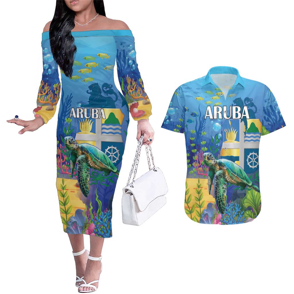 Aruba Sea Turtle Couples Matching Off The Shoulder Long Sleeve Dress and Hawaiian Shirt Underwater Landscape - Wonder Print Shop