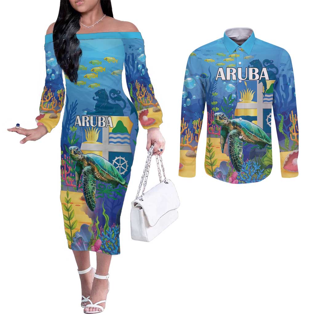 Aruba Sea Turtle Couples Matching Off The Shoulder Long Sleeve Dress and Long Sleeve Button Shirt Underwater Landscape