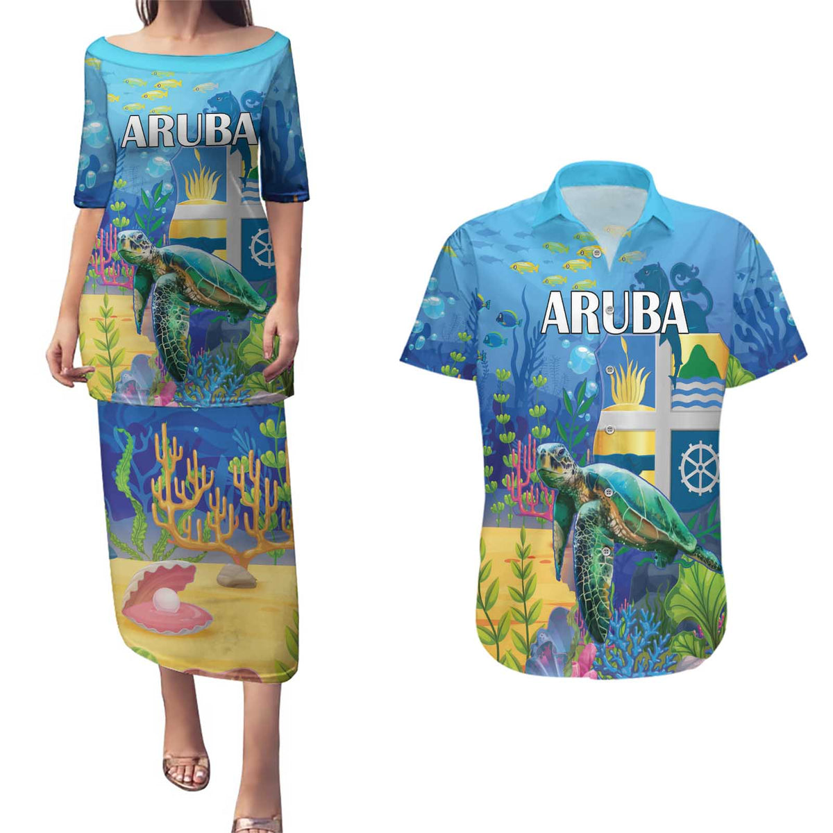 Aruba Sea Turtle Couples Matching Puletasi and Hawaiian Shirt Underwater Landscape - Wonder Print Shop