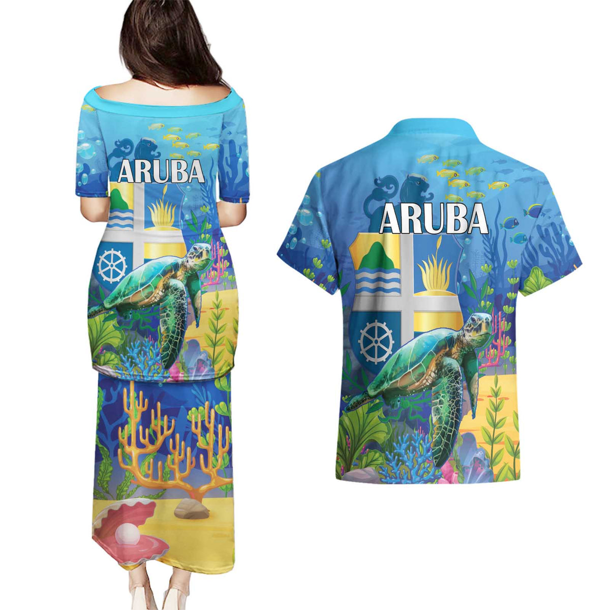 Aruba Sea Turtle Couples Matching Puletasi and Hawaiian Shirt Underwater Landscape - Wonder Print Shop