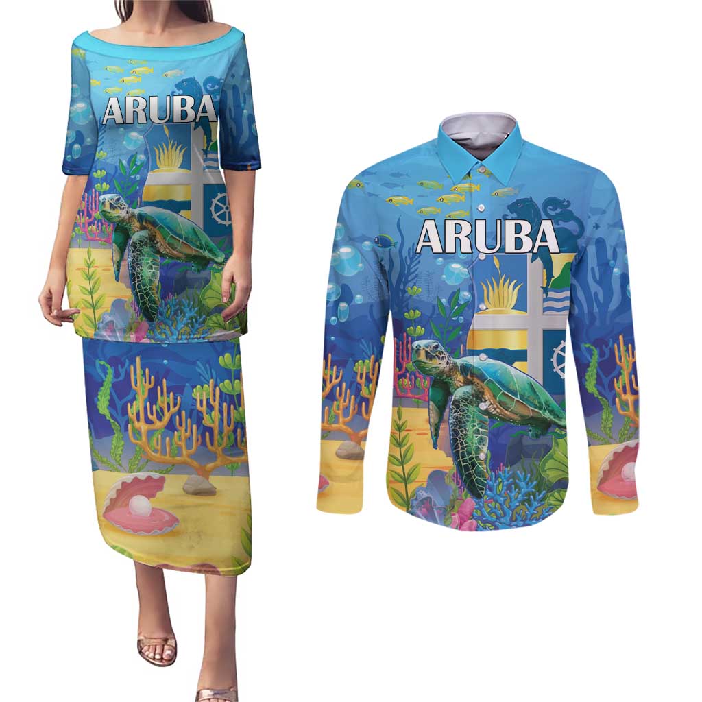 Aruba Sea Turtle Couples Matching Puletasi and Long Sleeve Button Shirt Underwater Landscape - Wonder Print Shop