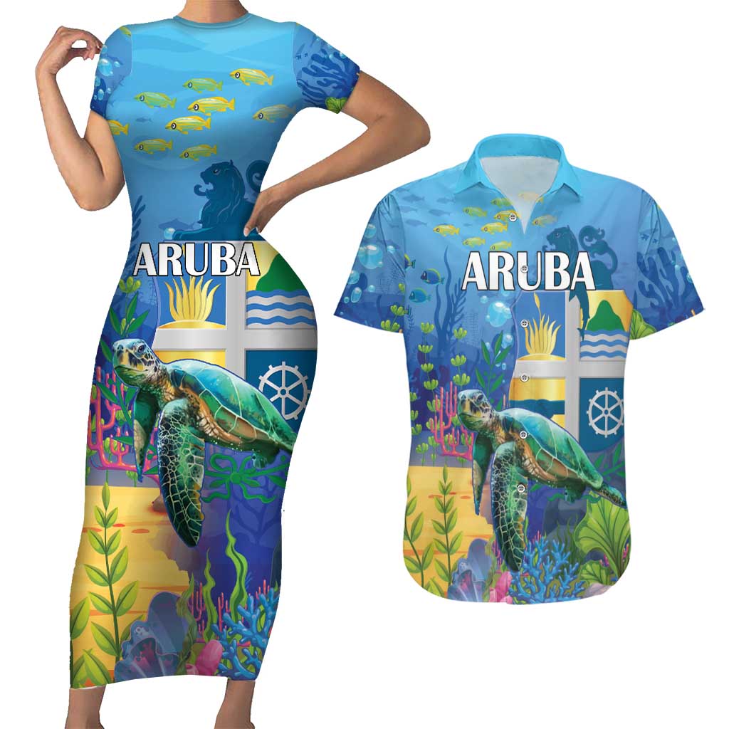 Aruba Sea Turtle Couples Matching Short Sleeve Bodycon Dress and Hawaiian Shirt Underwater Landscape - Wonder Print Shop