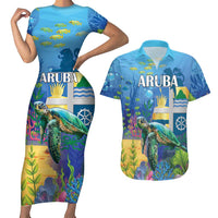 Aruba Sea Turtle Couples Matching Short Sleeve Bodycon Dress and Hawaiian Shirt Underwater Landscape - Wonder Print Shop