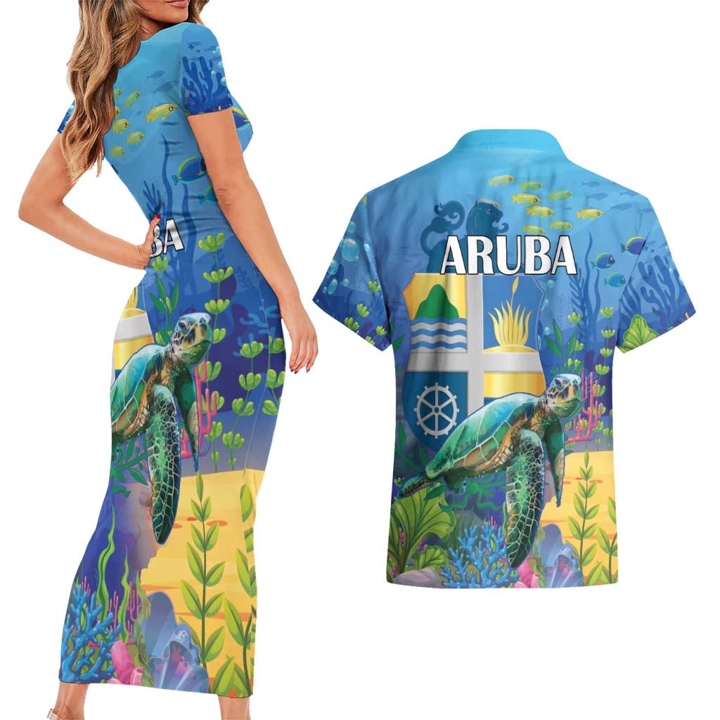 Aruba Sea Turtle Couples Matching Short Sleeve Bodycon Dress and Hawaiian Shirt Underwater Landscape - Wonder Print Shop