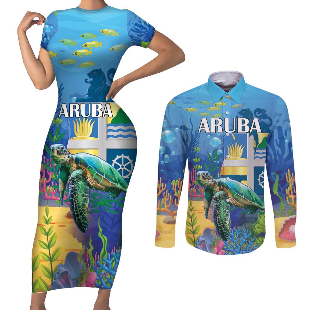 Aruba Sea Turtle Couples Matching Short Sleeve Bodycon Dress and Long Sleeve Button Shirt Underwater Landscape - Wonder Print Shop