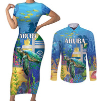 Aruba Sea Turtle Couples Matching Short Sleeve Bodycon Dress and Long Sleeve Button Shirt Underwater Landscape - Wonder Print Shop