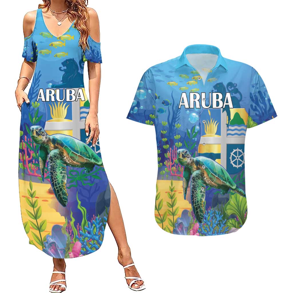 Aruba Sea Turtle Couples Matching Summer Maxi Dress and Hawaiian Shirt Underwater Landscape - Wonder Print Shop