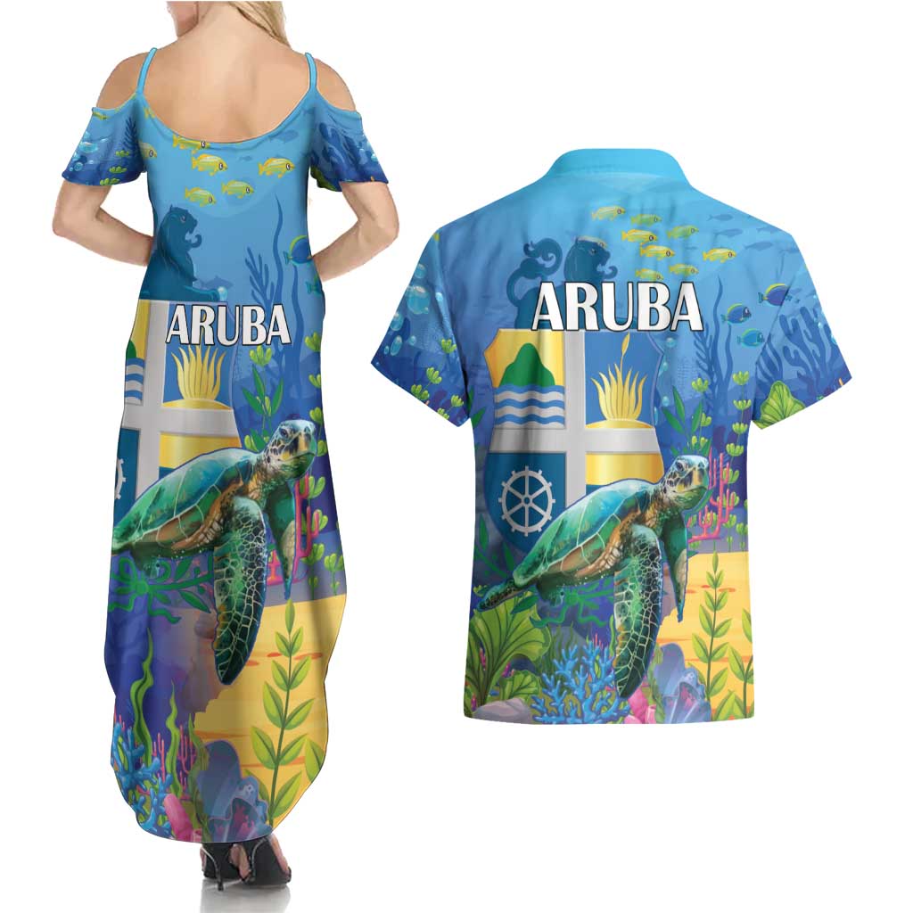 Aruba Sea Turtle Couples Matching Summer Maxi Dress and Hawaiian Shirt Underwater Landscape - Wonder Print Shop