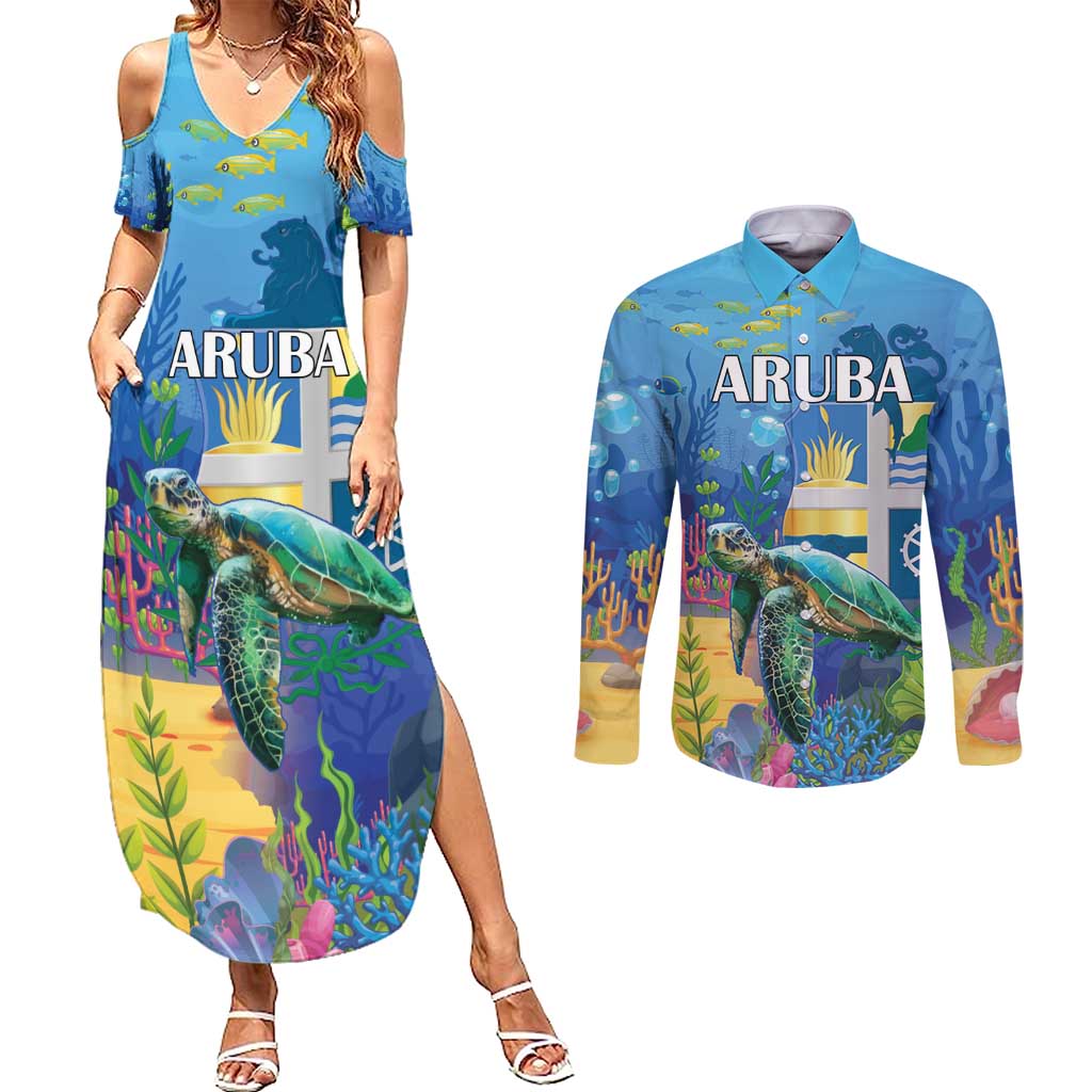 Aruba Sea Turtle Couples Matching Summer Maxi Dress and Long Sleeve Button Shirt Underwater Landscape - Wonder Print Shop