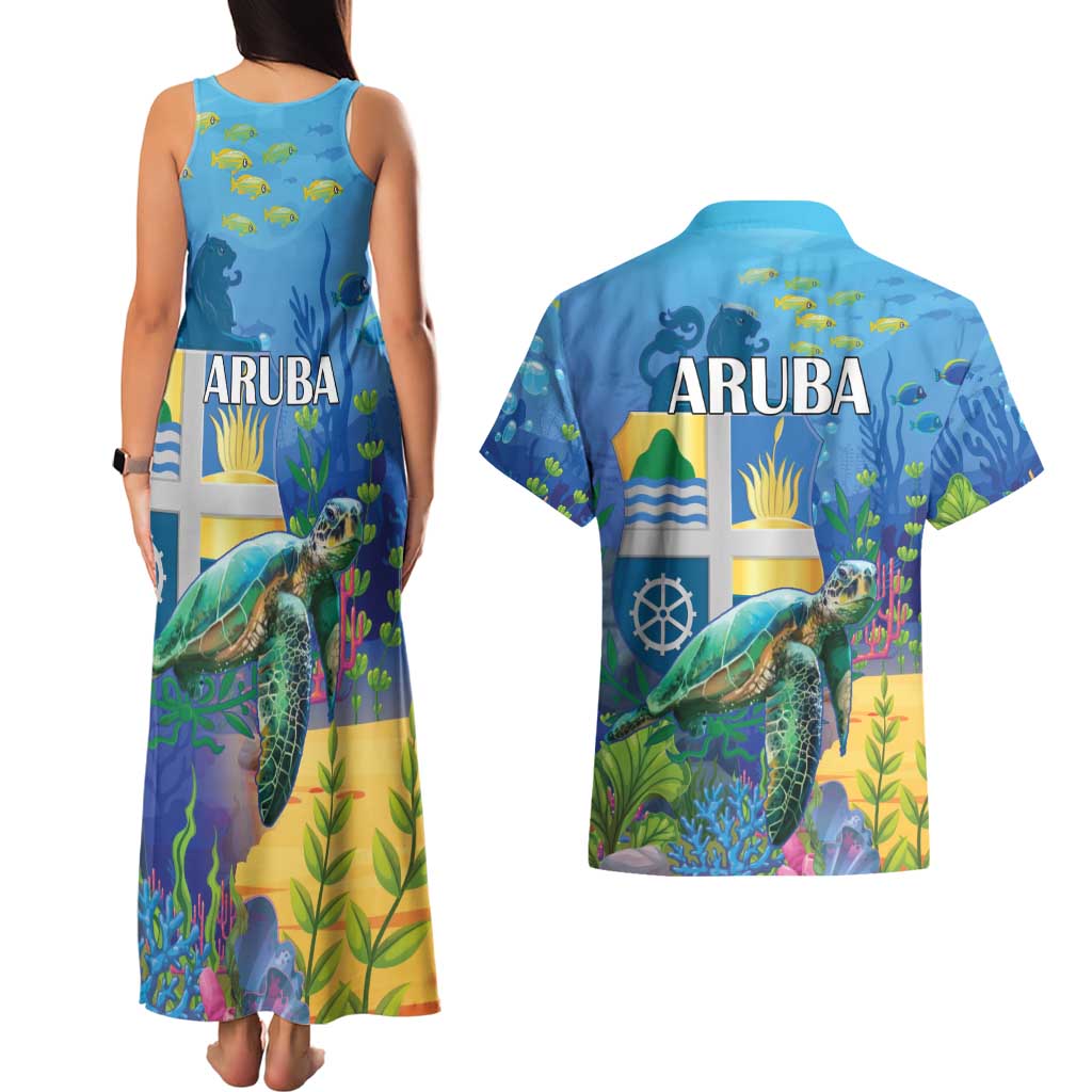 Aruba Sea Turtle Couples Matching Tank Maxi Dress and Hawaiian Shirt Underwater Landscape - Wonder Print Shop