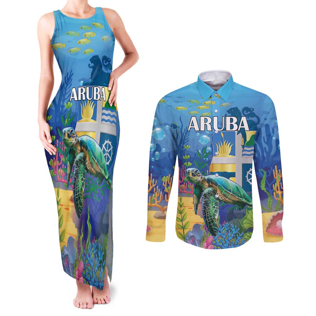 Aruba Sea Turtle Couples Matching Tank Maxi Dress and Long Sleeve Button Shirt Underwater Landscape - Wonder Print Shop