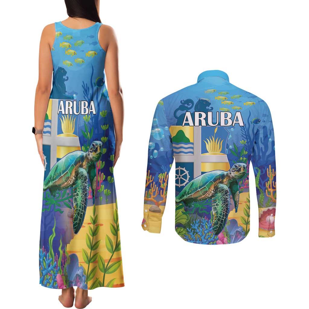 Aruba Sea Turtle Couples Matching Tank Maxi Dress and Long Sleeve Button Shirt Underwater Landscape - Wonder Print Shop