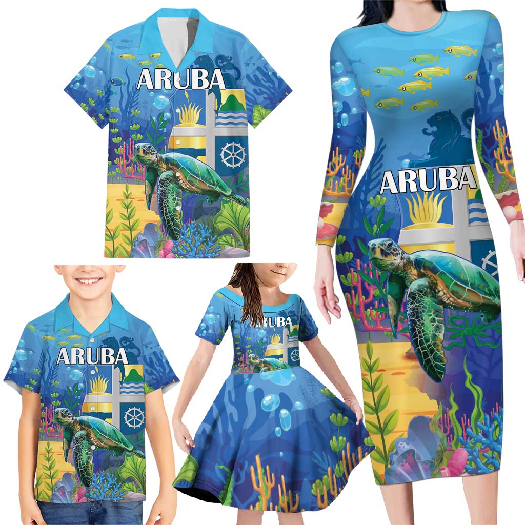 Aruba Sea Turtle Family Matching Long Sleeve Bodycon Dress and Hawaiian Shirt Underwater Landscape - Wonder Print Shop