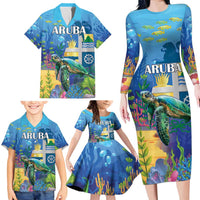 Aruba Sea Turtle Family Matching Long Sleeve Bodycon Dress and Hawaiian Shirt Underwater Landscape - Wonder Print Shop