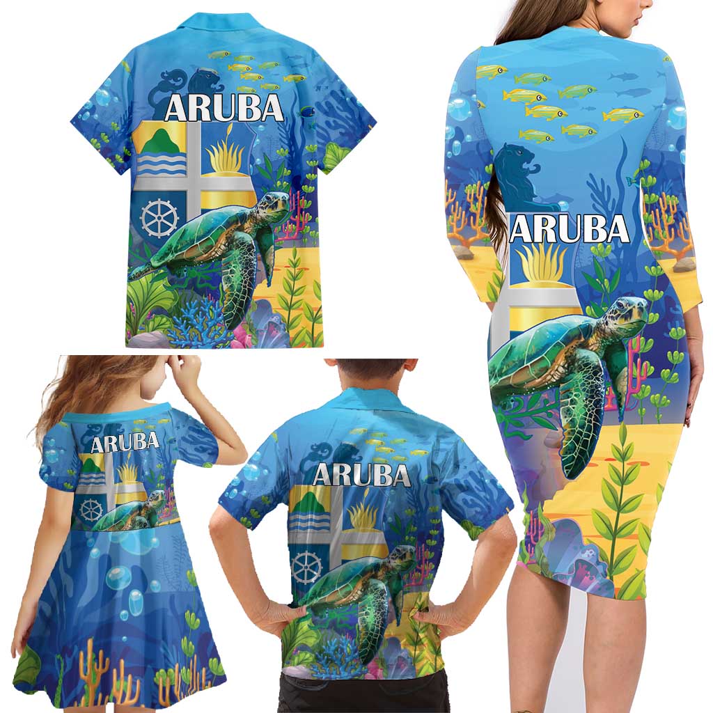 Aruba Sea Turtle Family Matching Long Sleeve Bodycon Dress and Hawaiian Shirt Underwater Landscape - Wonder Print Shop