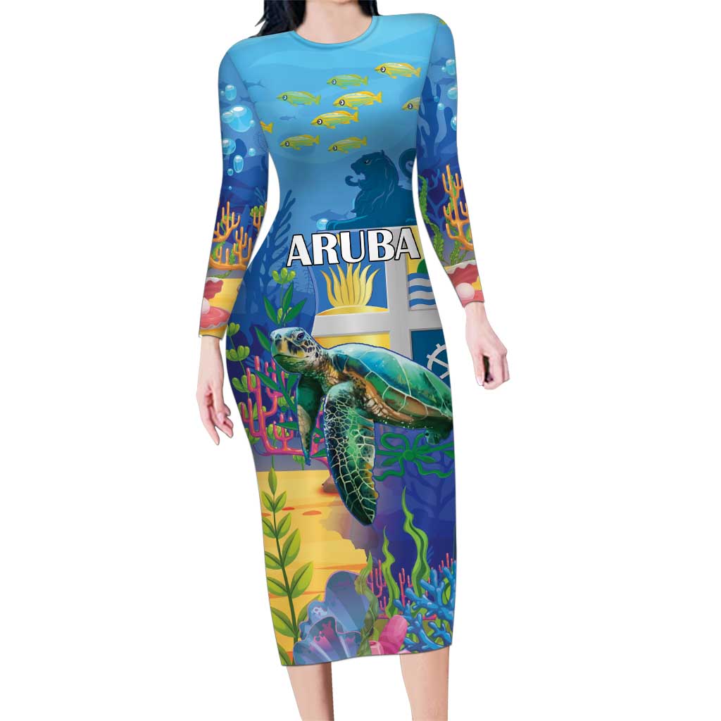 Aruba Sea Turtle Family Matching Long Sleeve Bodycon Dress and Hawaiian Shirt Underwater Landscape - Wonder Print Shop