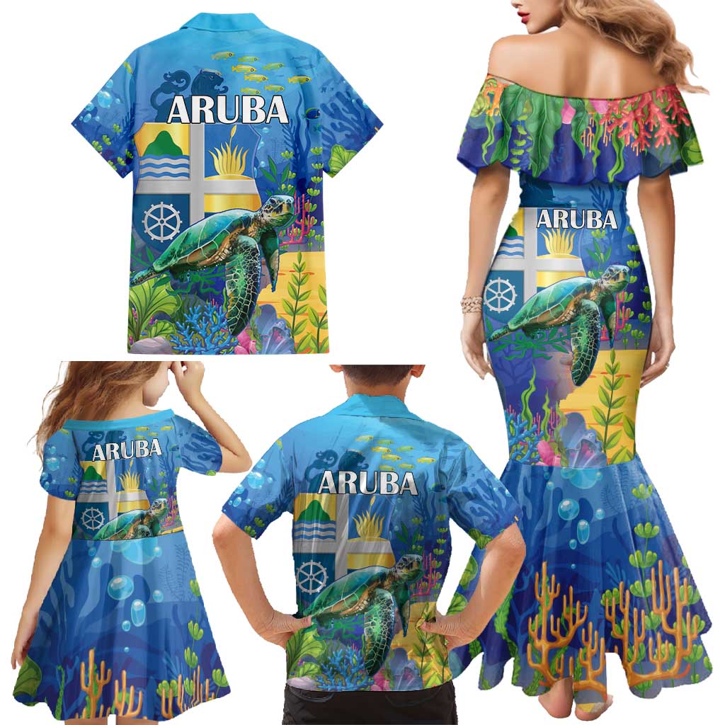 Aruba Sea Turtle Family Matching Mermaid Dress and Hawaiian Shirt Underwater Landscape - Wonder Print Shop