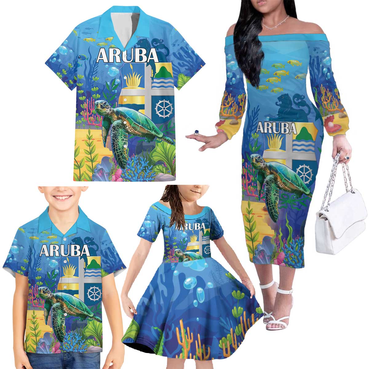 Aruba Sea Turtle Family Matching Off The Shoulder Long Sleeve Dress and Hawaiian Shirt Underwater Landscape - Wonder Print Shop