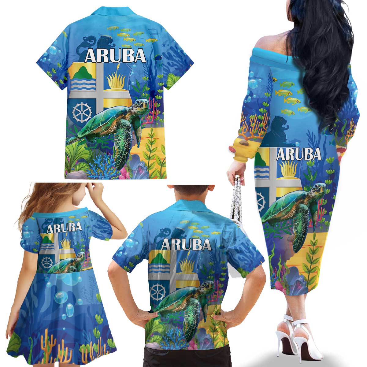 Aruba Sea Turtle Family Matching Off The Shoulder Long Sleeve Dress and Hawaiian Shirt Underwater Landscape - Wonder Print Shop