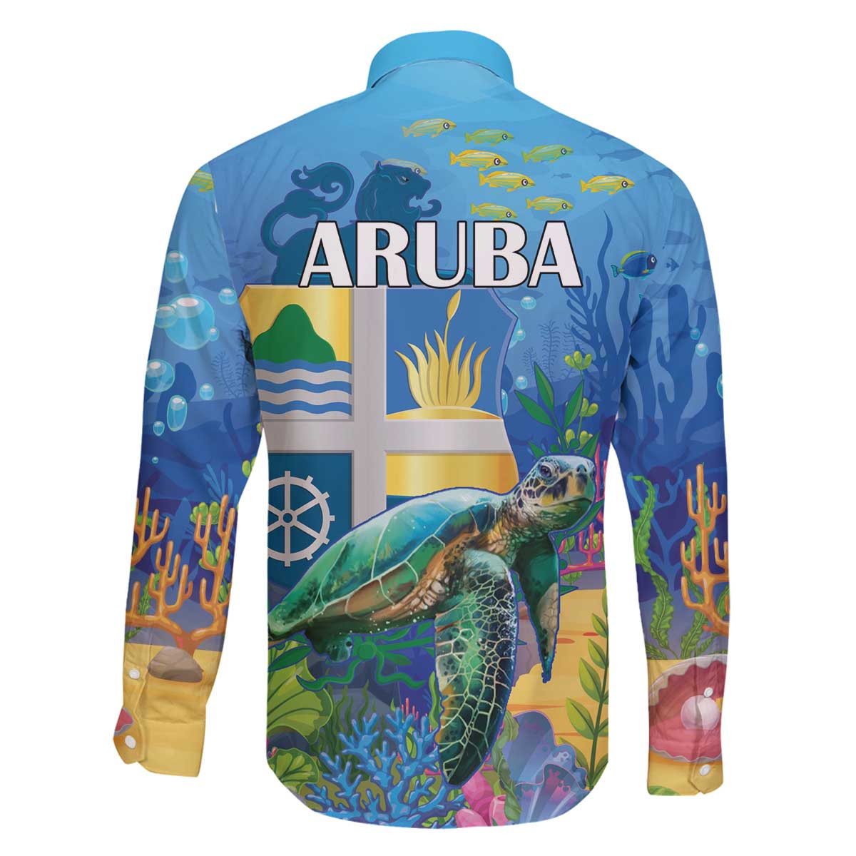 Aruba Sea Turtle Family Matching Off The Shoulder Long Sleeve Dress and Hawaiian Shirt Underwater Landscape - Wonder Print Shop