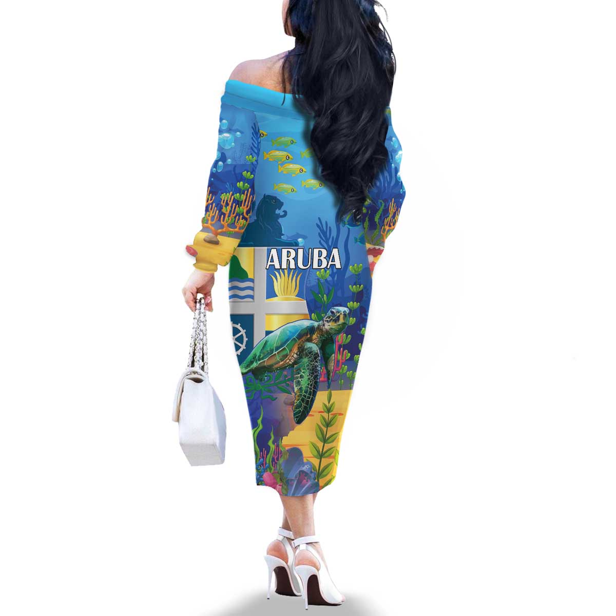 Aruba Sea Turtle Family Matching Off The Shoulder Long Sleeve Dress and Hawaiian Shirt Underwater Landscape - Wonder Print Shop