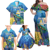 Aruba Sea Turtle Family Matching Off Shoulder Maxi Dress and Hawaiian Shirt Underwater Landscape - Wonder Print Shop
