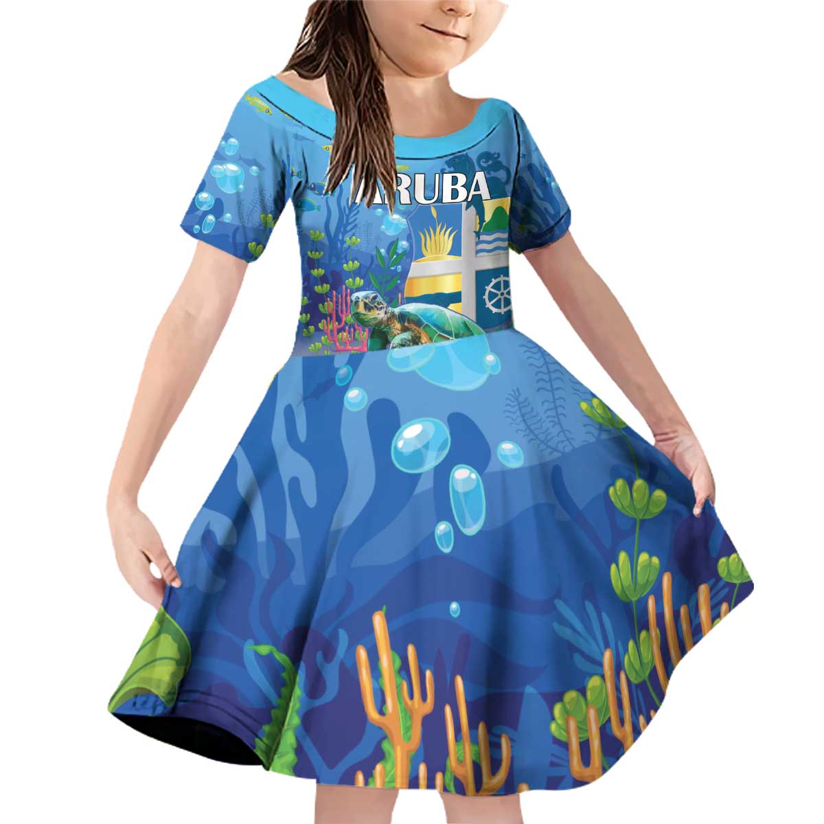 Aruba Sea Turtle Family Matching Off Shoulder Short Dress and Hawaiian Shirt Underwater Landscape - Wonder Print Shop