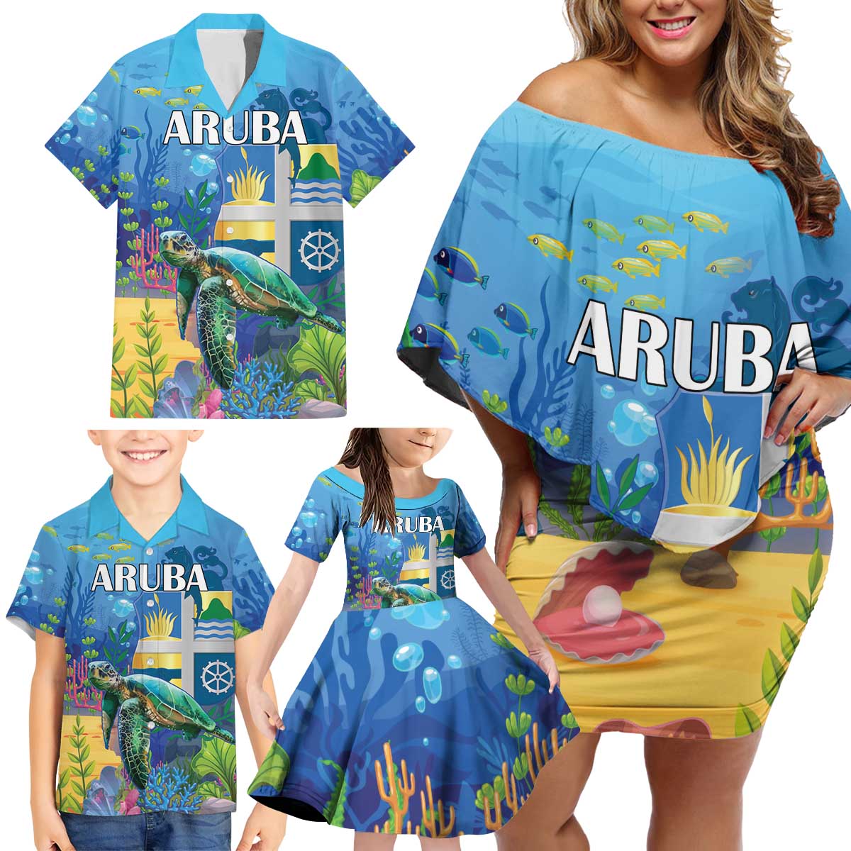 Aruba Sea Turtle Family Matching Off Shoulder Short Dress and Hawaiian Shirt Underwater Landscape - Wonder Print Shop