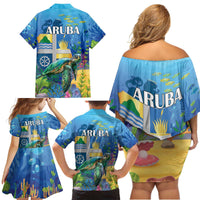 Aruba Sea Turtle Family Matching Off Shoulder Short Dress and Hawaiian Shirt Underwater Landscape - Wonder Print Shop