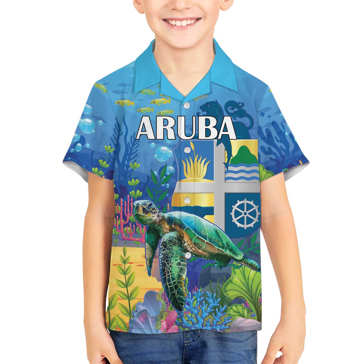 Aruba Sea Turtle Family Matching Off Shoulder Short Dress and Hawaiian Shirt Underwater Landscape - Wonder Print Shop