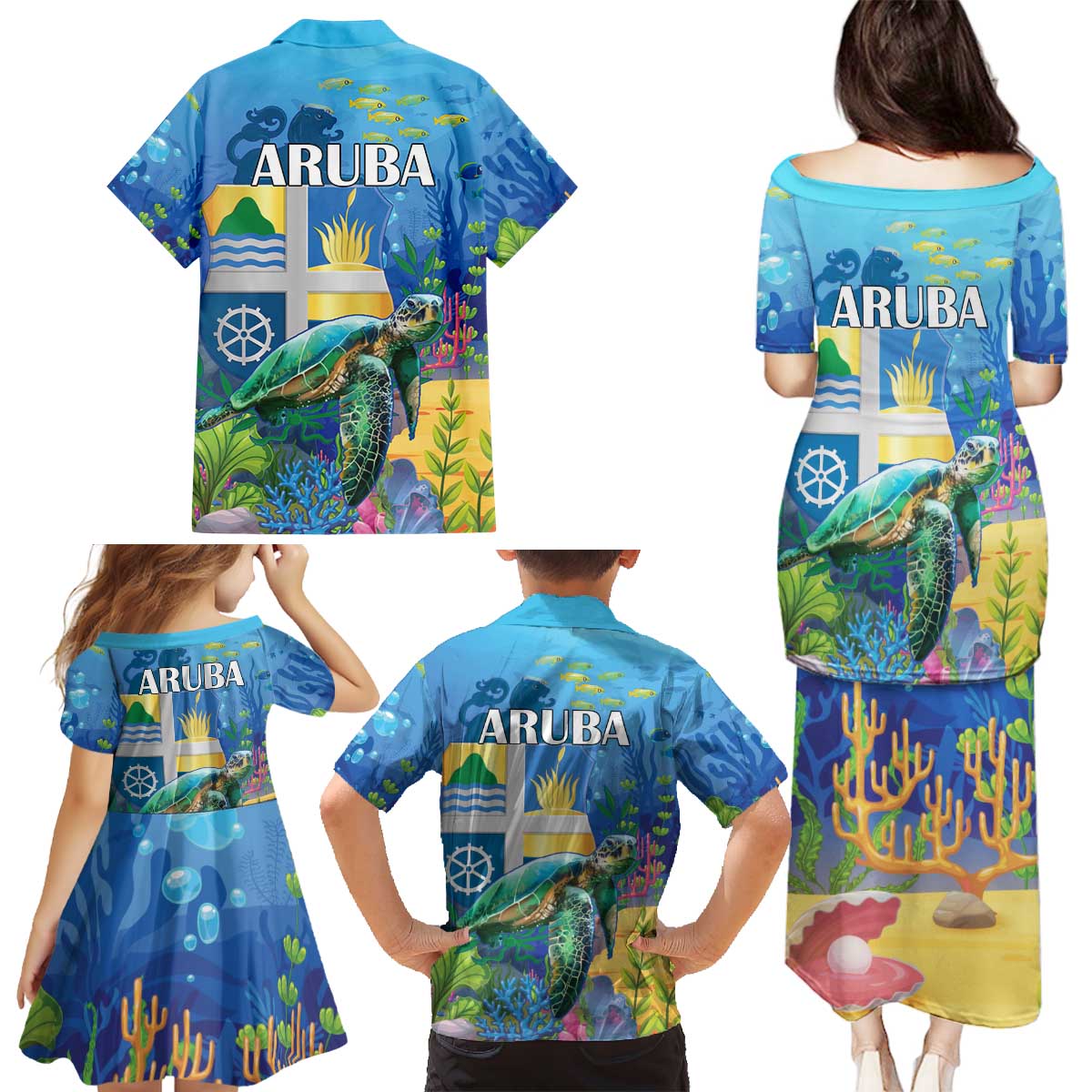 Aruba Sea Turtle Family Matching Puletasi and Hawaiian Shirt Underwater Landscape - Wonder Print Shop