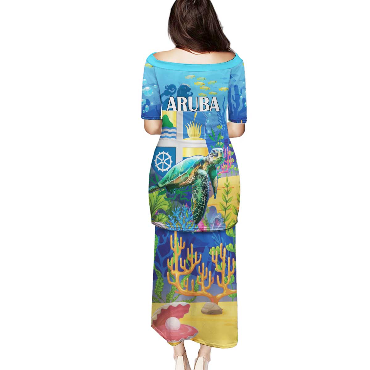 Aruba Sea Turtle Family Matching Puletasi and Hawaiian Shirt Underwater Landscape - Wonder Print Shop
