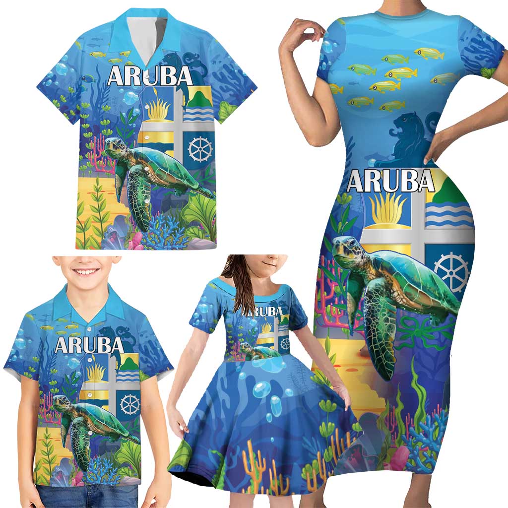 Aruba Sea Turtle Family Matching Short Sleeve Bodycon Dress and Hawaiian Shirt Underwater Landscape - Wonder Print Shop