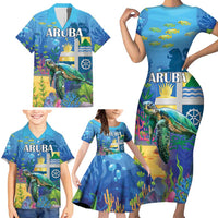 Aruba Sea Turtle Family Matching Short Sleeve Bodycon Dress and Hawaiian Shirt Underwater Landscape - Wonder Print Shop