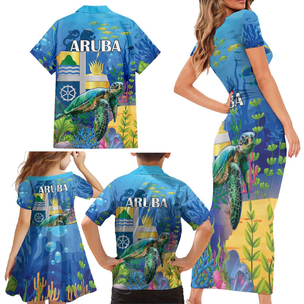 Aruba Sea Turtle Family Matching Short Sleeve Bodycon Dress and Hawaiian Shirt Underwater Landscape - Wonder Print Shop