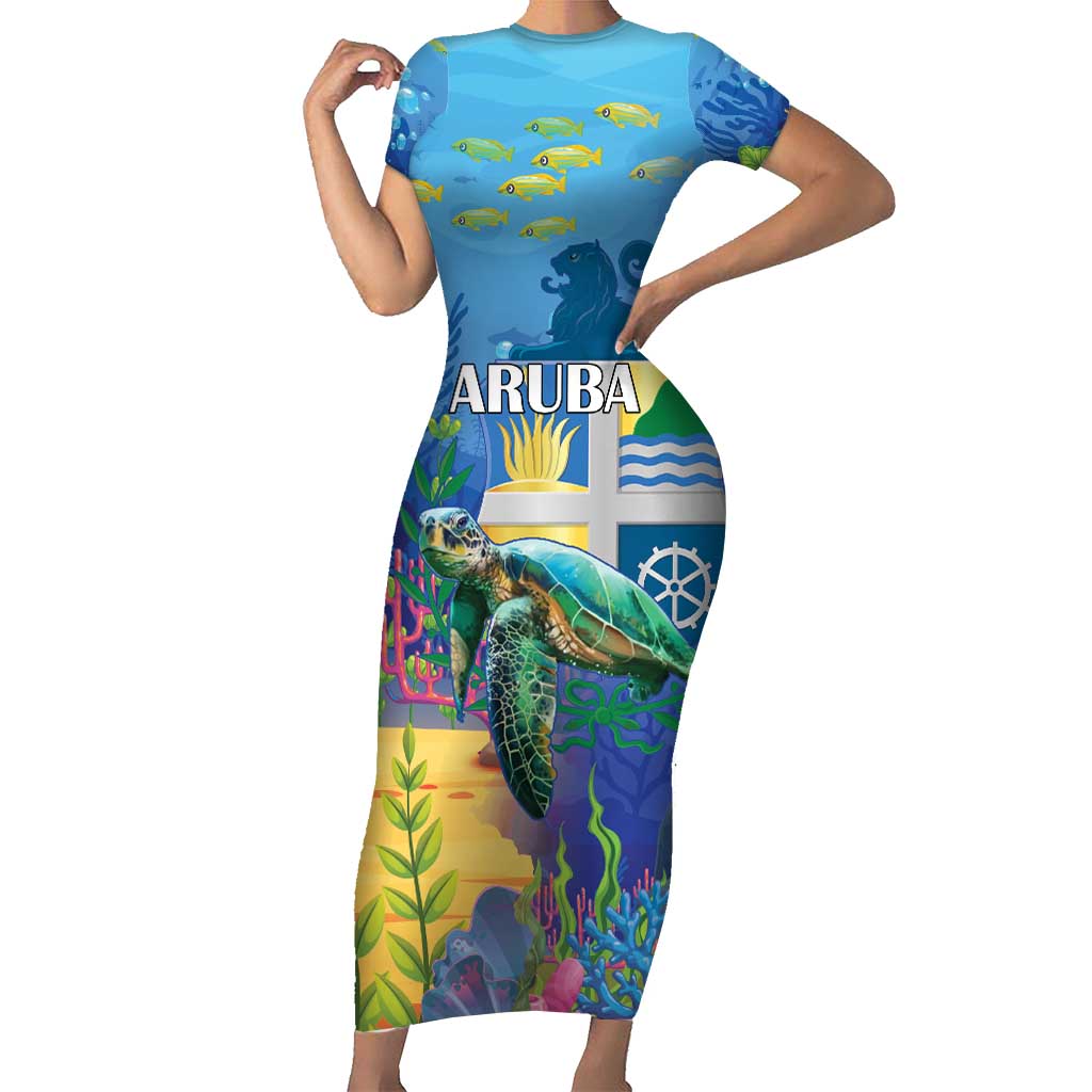 Aruba Sea Turtle Family Matching Short Sleeve Bodycon Dress and Hawaiian Shirt Underwater Landscape - Wonder Print Shop