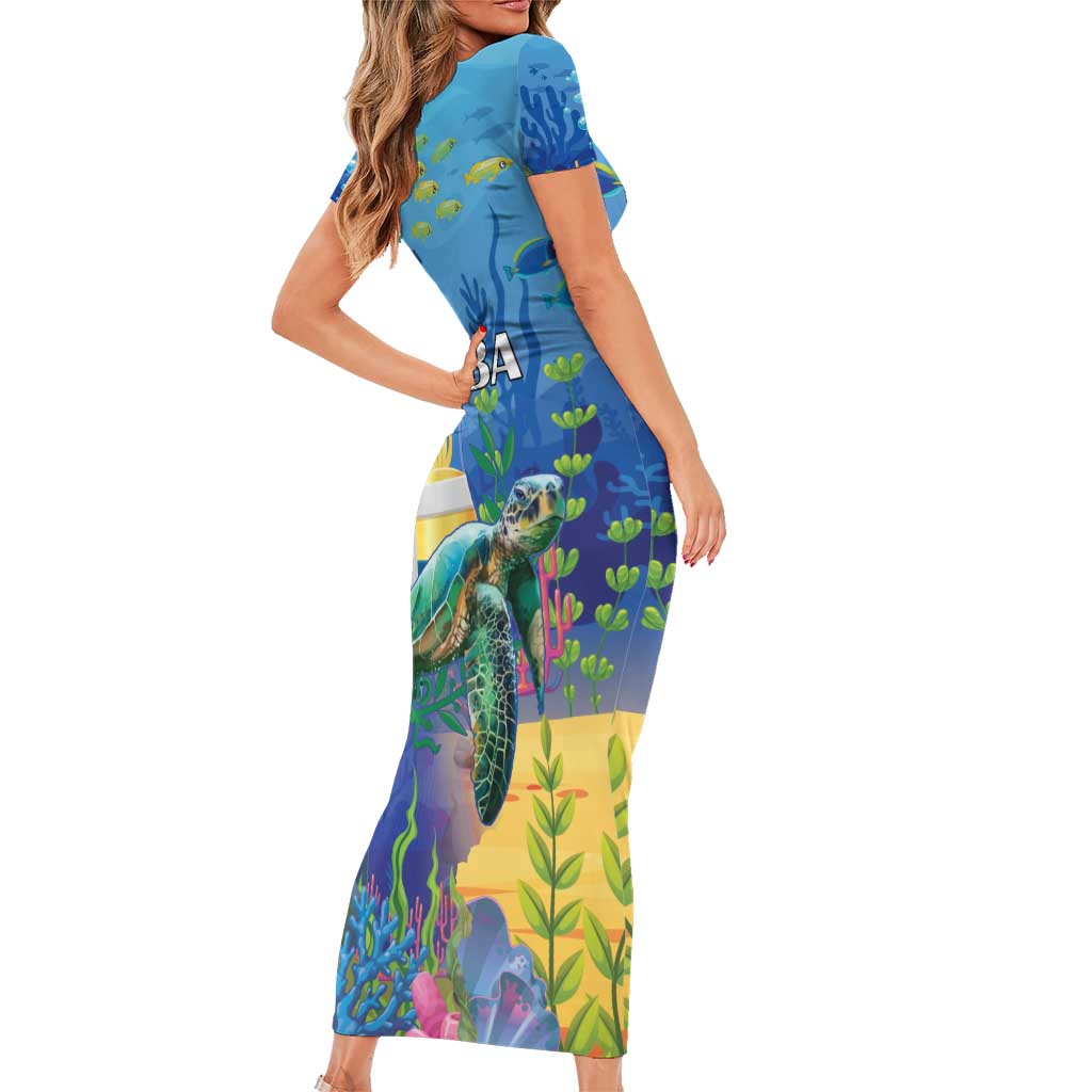 Aruba Sea Turtle Family Matching Short Sleeve Bodycon Dress and Hawaiian Shirt Underwater Landscape - Wonder Print Shop