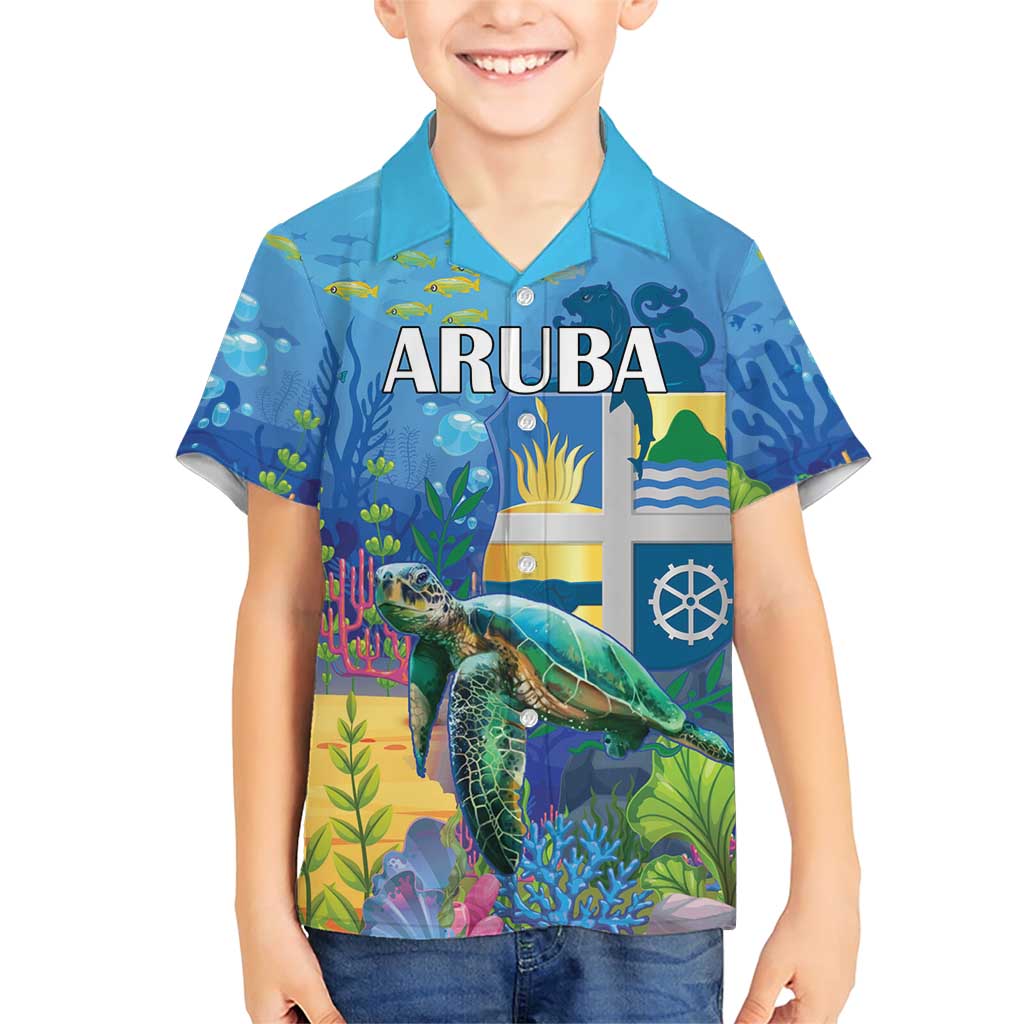 Aruba Sea Turtle Family Matching Short Sleeve Bodycon Dress and Hawaiian Shirt Underwater Landscape - Wonder Print Shop