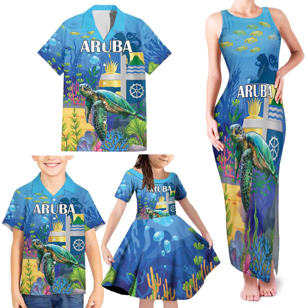 Aruba Sea Turtle Family Matching Tank Maxi Dress and Hawaiian Shirt Underwater Landscape - Wonder Print Shop