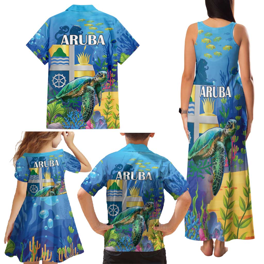 Aruba Sea Turtle Family Matching Tank Maxi Dress and Hawaiian Shirt Underwater Landscape - Wonder Print Shop