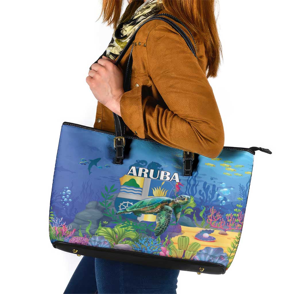 Aruba Sea Turtle Leather Tote Bag Underwater Landscape - Wonder Print Shop