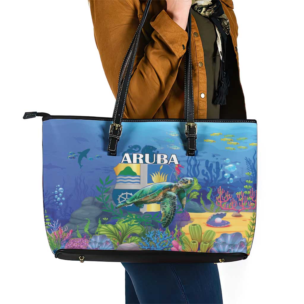 Aruba Sea Turtle Leather Tote Bag Underwater Landscape - Wonder Print Shop