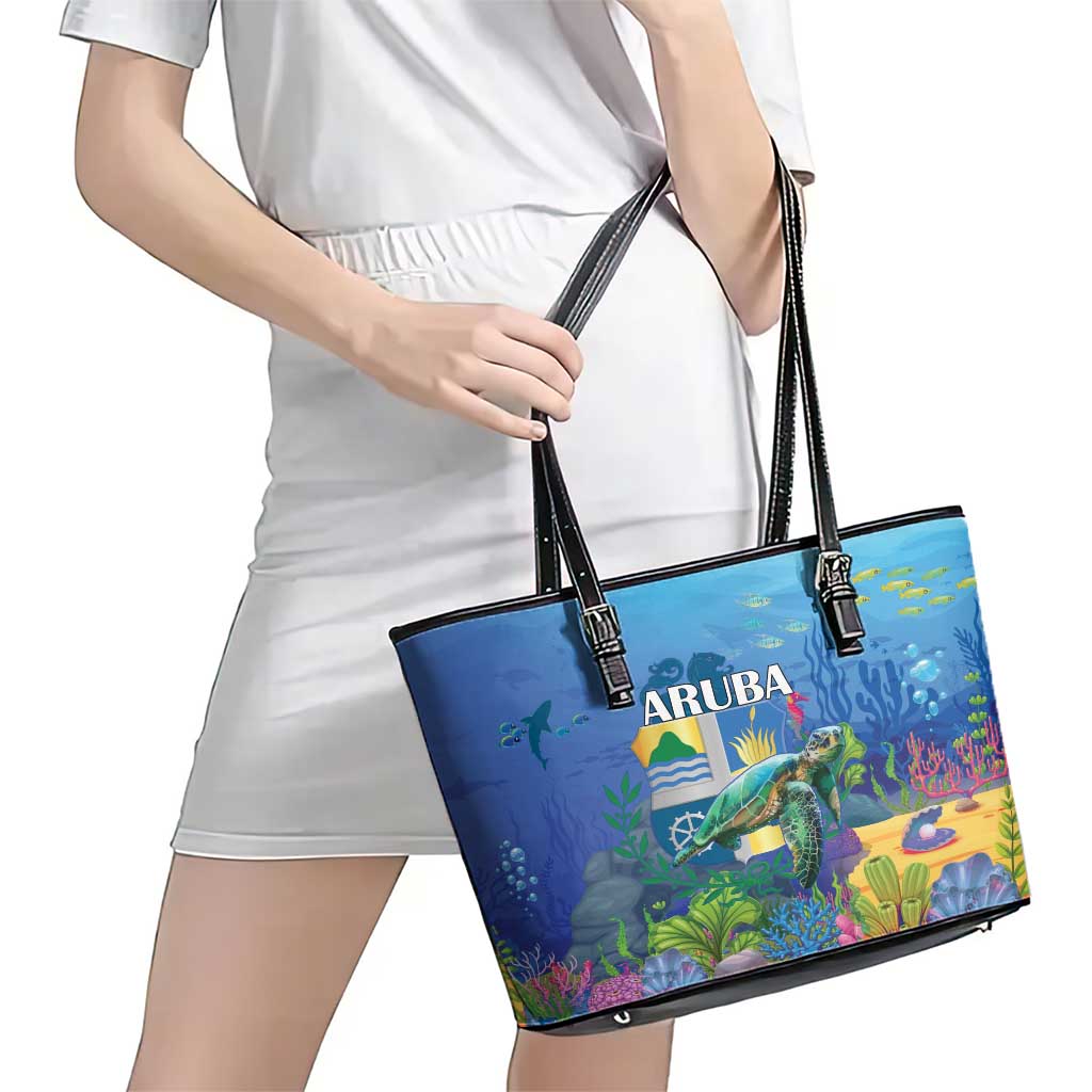 Aruba Sea Turtle Leather Tote Bag Underwater Landscape - Wonder Print Shop